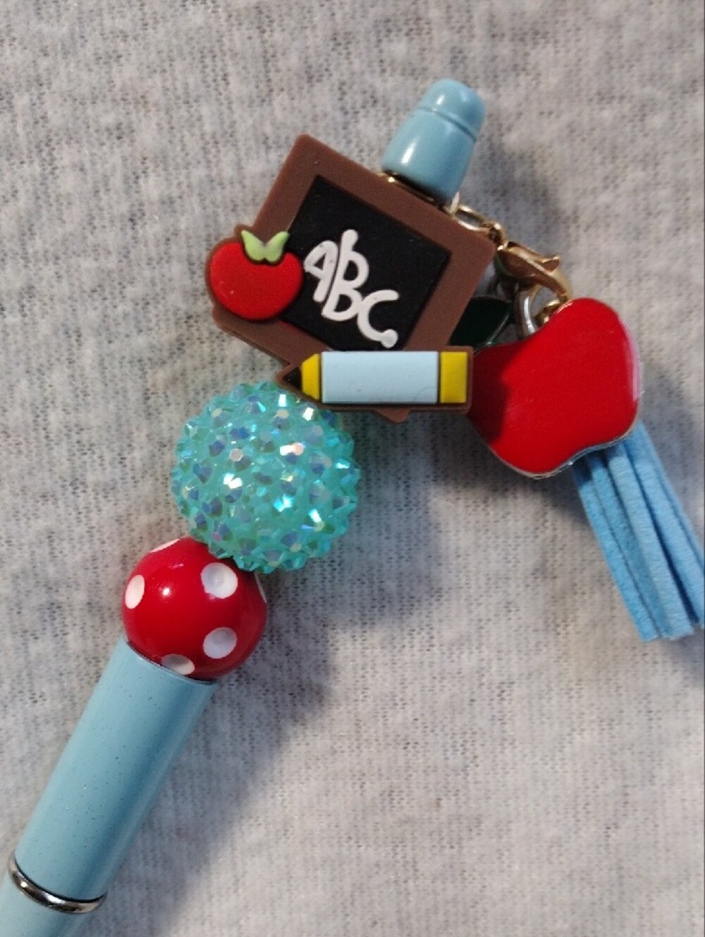 Light Blue School-Themed Decorative Pen with Apple and Chalkboard Charms - Picture 2 of 2